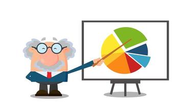 Professor Or Scientist Cartoon Character Pointing Progressive Pie Chart On A Board. 4K Animation Video Motion Graphics Without Background