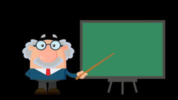 Professor Or Scientist Cartoon Character With Pointer Presenting On A Board. 4K Animation Video Motion Graphics Without Background