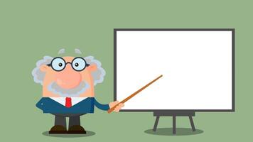 Professor Or Scientist Cartoon Character With Pointer Presenting On A Board. 4K Animation Video Motion Graphics With Background