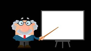 Professor Or Scientist Cartoon Character With Pointer Presenting On A Board. 4K Animation Video Motion Graphics Without Background