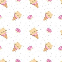 Seamless pattern with cute kawaii style cats, ice cream and sweet donuts vector