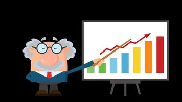 Professor Or Scientist Cartoon Character With Pointer Presenting A Progressive Chart. 4K Animation Video Motion Graphics Without Background