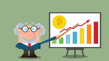 Professor Or Scientist Cartoon Character With Pointer Discussing Bitcoin Growth With A Bar Graph. 4K Animation Video Motion Graphics With Background