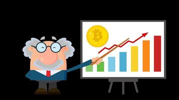 Professor Or Scientist Cartoon Character With Pointer Discussing Bitcoin Growth With A Bar Graph. 4K Animation Video Motion Graphics Without Background