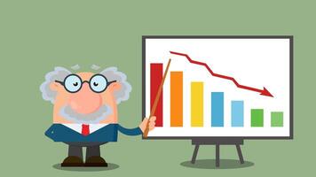 Professor oder Wissenschaftler Karikatur Charakter mit Zeiger präsentieren ein fallen Diagramm. 4k Animation Video Bewegung Grafik mit Hintergrund