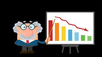 Professor oder Wissenschaftler Karikatur Charakter mit Zeiger präsentieren ein fallen Diagramm. 4k Animation Video Bewegung Grafik ohne Hintergrund