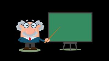 Professor Or Scientist Cartoon Character With Pointer Presenting On A Board. 4K Animation Video Motion Graphics Without Background