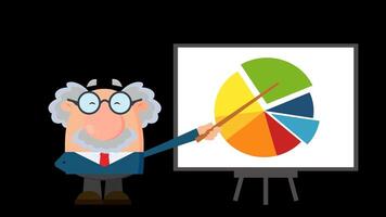 Professor Or Scientist Cartoon Character Pointing Progressive Pie Chart On A Board. 4K Animation Video Motion Graphics Without Background