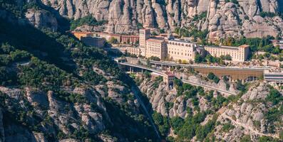 Aerial view of the Benedict church Abbey of Monserrat from Barcelona, Spain. photo