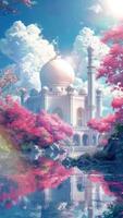 AI generatedBeautiful mosque building with clear sky and grassland. Cartoon or anime watercolor digital painting illustration style. Seamless looping vertical video animation background. Generative AI