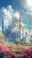 AI generatedBeautiful mosque building with clear sky and grassland. Cartoon or anime watercolor digital painting illustration style. Seamless looping vertical video animation background. Generative AI