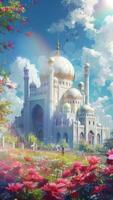 AI generatedBeautiful mosque building with clear sky and grassland. Cartoon or anime watercolor digital painting illustration style. Seamless looping vertical video animation background. Generative AI