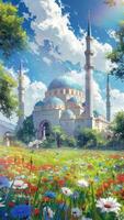 AI generatedBeautiful mosque building with clear sky and grassland. Cartoon or anime watercolor digital painting illustration style. Seamless looping vertical video animation background. Generative AI