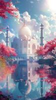 AI generatedBeautiful mosque building with clear sky and grassland. Cartoon or anime watercolor digital painting illustration style. Seamless looping vertical video animation background. Generative AI