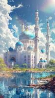 AI generatedBeautiful mosque building with clear sky and grassland. Cartoon or anime watercolor digital painting illustration style. Seamless looping vertical video animation background. Generative AI