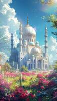 AI generatedBeautiful mosque building with clear sky and grassland. Cartoon or anime watercolor digital painting illustration style. Seamless looping vertical video animation background. Generative AI