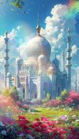 AI generatedBeautiful mosque building with clear sky and grassland. Cartoon or anime watercolor digital painting illustration style. Seamless looping vertical video animation background. Generative AI