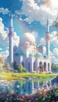 AI generatedBeautiful mosque building with clear sky and grassland. Cartoon or anime watercolor digital painting illustration style. Seamless looping vertical video animation background. Generative AI