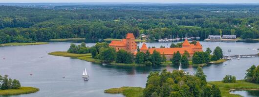 Aerial view of Trakai, over medieval gothic Island castle in Galve lake. photo