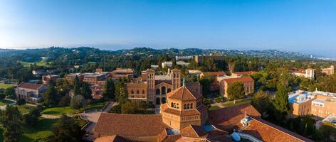 Aerial View of Serene UCLA Campus with Gothic and Modern Architecture on Sunny Day in Westwood, Los Angeles photo