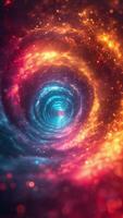 Abstract background with color glowing particles. Space tunnel. Futuristic technology style. Space background. Loop animation. Vertical video. Generative AI video