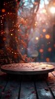 AI generated Stunning circular stage with wooden texture, set against a backdrop of blurry lights for a captivating atmosphere. Designed for product presentations. Vertical video. Generative AI video