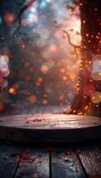 AI generated Stunning circular stage with wooden texture, set against a backdrop of blurry lights for a captivating atmosphere. Designed for product presentations. Vertical video. Generative AI video