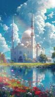 AI generatedBeautiful mosque building with clear sky and grassland. Cartoon or anime watercolor digital painting illustration style. Seamless looping vertical video animation background. Generative AI