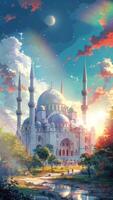 AI generatedBeautiful mosque building with clear sky and grassland. Cartoon or anime watercolor digital painting illustration style. Seamless looping vertical video animation background. Generative AI