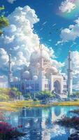 AI generatedBeautiful mosque building with clear sky and grassland. Cartoon or anime watercolor digital painting illustration style. Seamless looping vertical video animation background. Generative AI