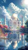 AI generatedBeautiful mosque building with clear sky and grassland. Cartoon or anime watercolor digital painting illustration style. Seamless looping vertical video animation background. Generative AI