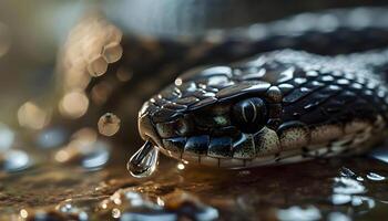 ai generado un cerca arriba de un serpiente con agua gotas foto