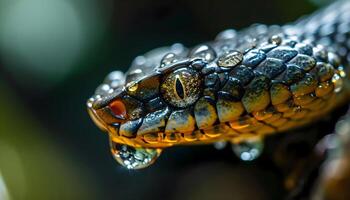 ai generado un cerca arriba de un serpiente cabeza con gotas de agua en eso foto