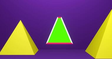 3D animation of green screen triangle frames with pyramids theme, camera moving backwards video