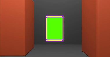 3D animation of green screen rectangle frames with cubes theme, camera moving backwards video