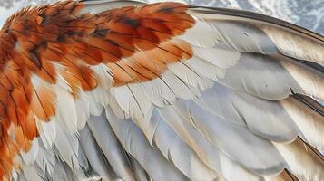 AI generated a close up of a bird's wing with mountains in the background photo