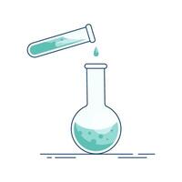 A flask with a colored solution and a test tube. Chemical reaction. Laboratory tests. Mixing of reagents. Experiment and observation vector