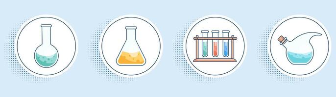 A set of stickers with the image of laboratory chemical glassware flasks, test tubes, dropper. Modern flat style vector