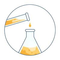 Mixing of reagents. A test tube with liquid and a flask. Chemical reaction. Experiment vector