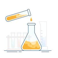 A flask with a colored solution and a test tube. Chemical reaction. Laboratory tests. Mixing of reagents. Experiment and observation vector