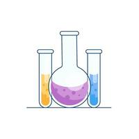 Chemical flasks and test tubes with reagents. Scientific experiment, research. Illustration with modern flat design vector