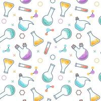 A bright seamless pattern with elements of chemistry flasks, test tubes, molecules, reagents. Modern flat design vector