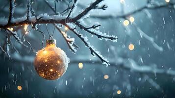 ai generado un Navidad ornamento colgando desde un árbol en el nieve foto