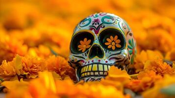 ai generado un vistoso cráneo sentado en un campo de amarillo flores foto