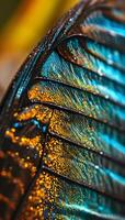 AI generated a close up of a blue and yellow bird's wing photo