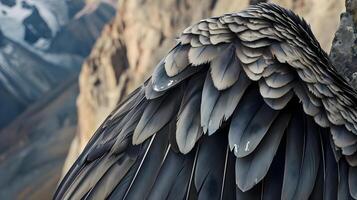 ai generado un cerca arriba de un aves alas en un rock foto