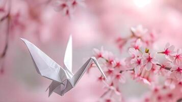 ai generado un blanco origami pájaro sentado en parte superior de rosado flores foto