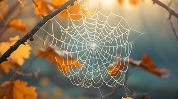 ai generado un araña web colgando desde un árbol rama foto