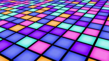 Colorful nightclub LED dance floor with a mosaic pattern of flashing multicolored LED disco lights. This fun dynamic party or event motion background animation is full HD and looping. video