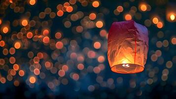 AI generated a paper lantern floating in the air with lights in the background photo